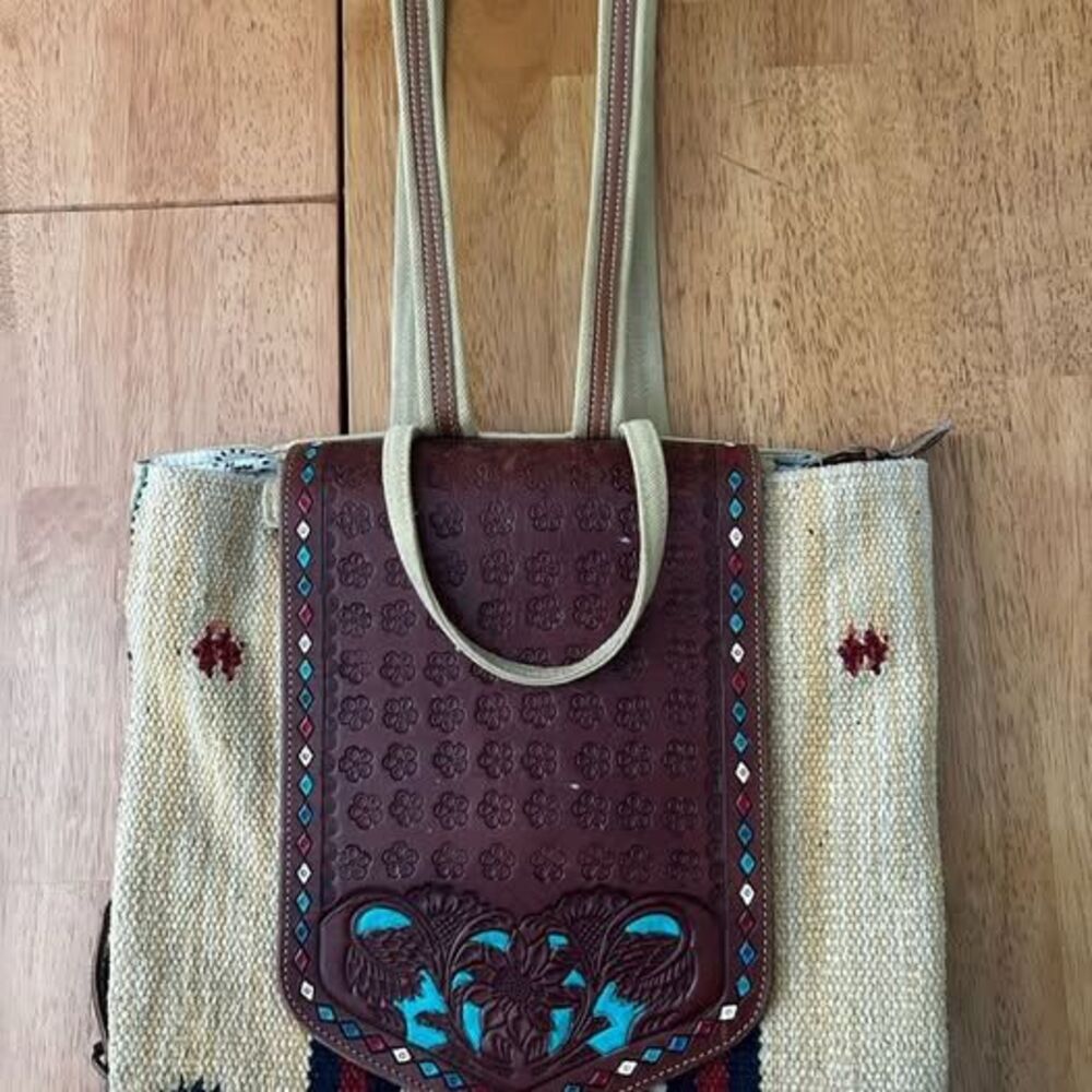 Myra Bohemian Woven Bag with Painted Turqoise Embossed leather flap